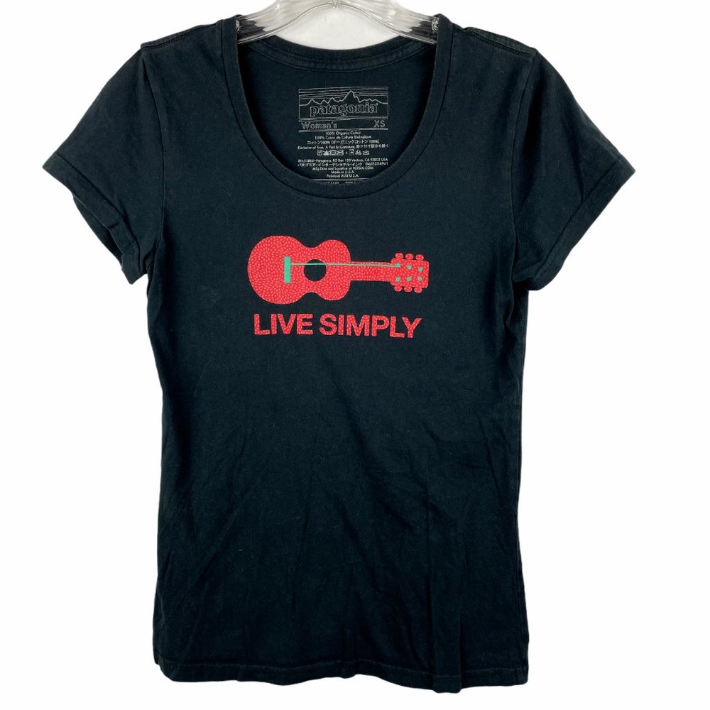 Patagonia "Live Simply" Graphic Tee T Shirt Scoop Neck Short Sleeve Black